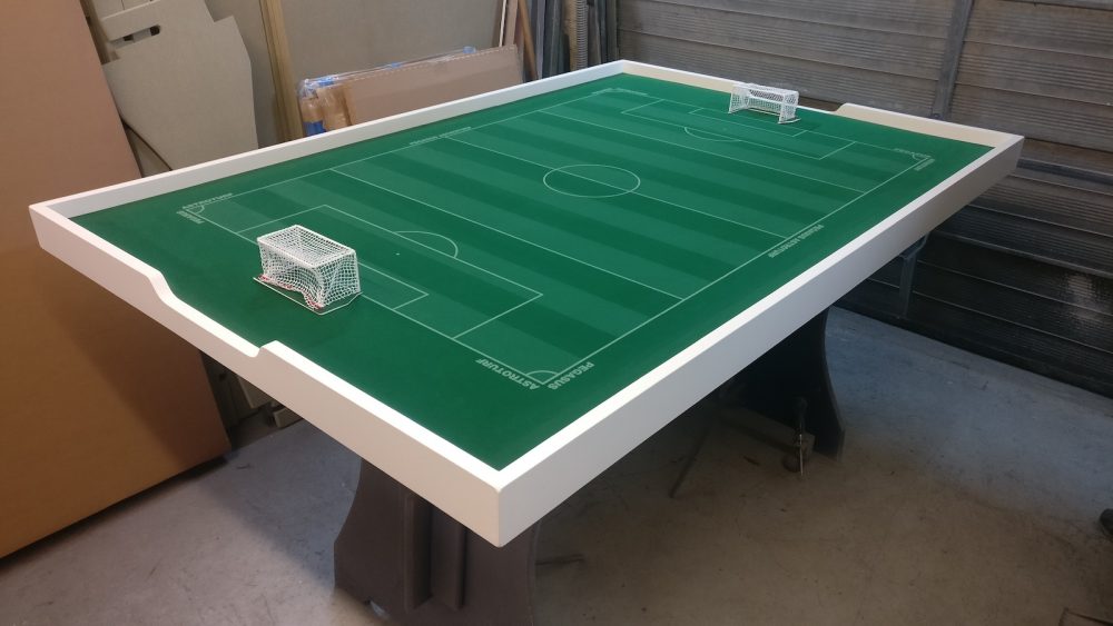 Example FlickForKicks White Tabletop with Striped Pegasus Astroturf and Biemme Goals