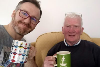 Gareth and Dad (Tom) enjoying a break with their Subbuteo mugs