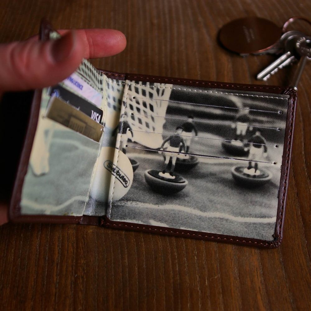 Inside of Subbuteo wallet showing retro picture print