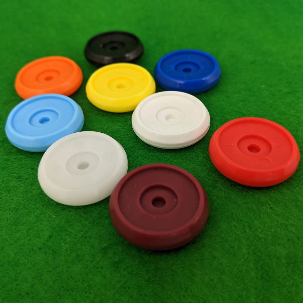 Talon bases made by Table Soccer USA - Range of 9 colours shown on a green playing field