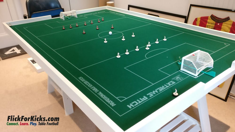 Example - FlickForKicks White painted tabletop with Extreme Pitch and Extreme Goals